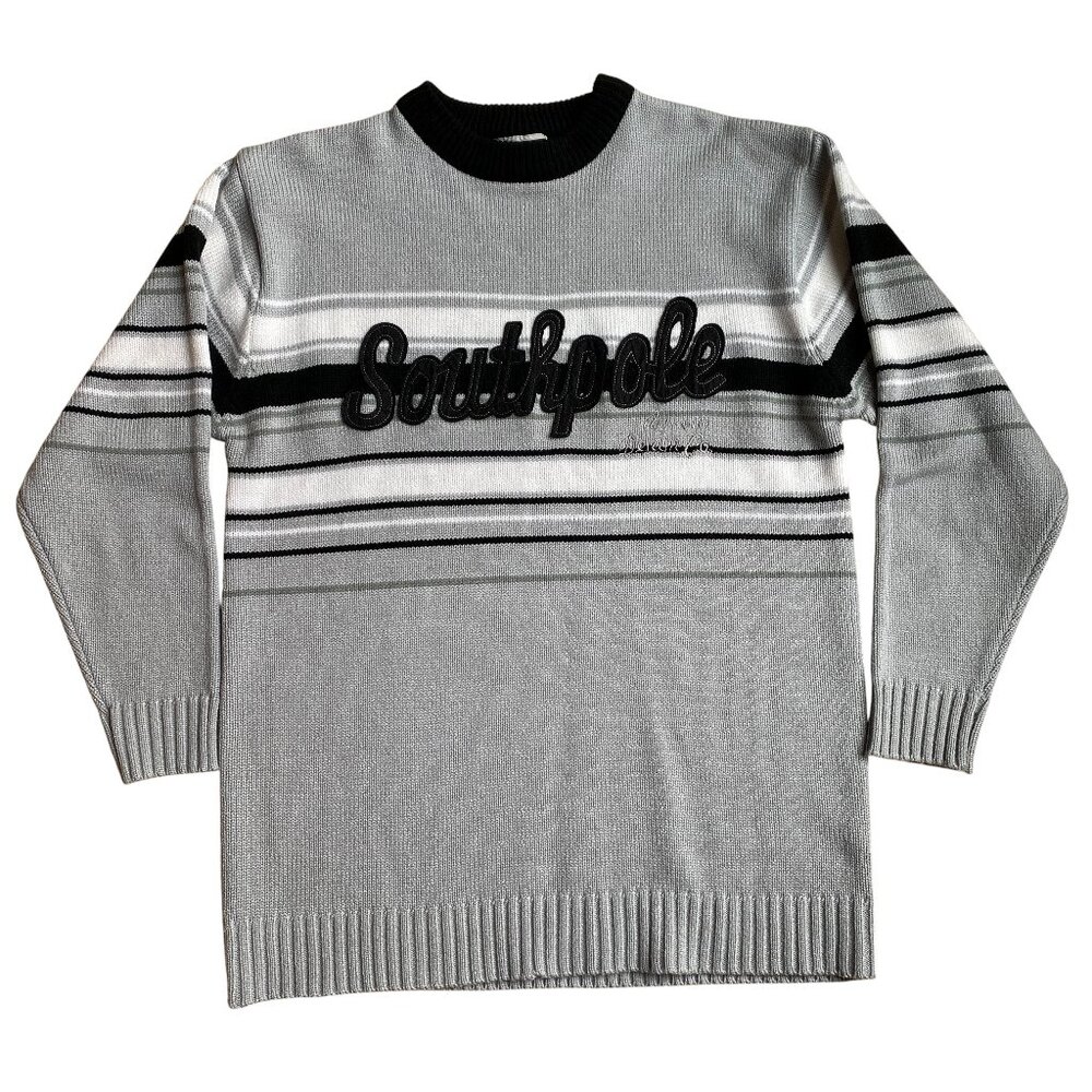 Southpole Y2K Logo Knit Sweater Men Sz L Gray Black Streetwear 3D Stripes